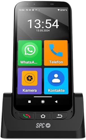 SPC Zeus 4G Pro + coque | Smartphone Anziani Icone Grandi, Pulsante SOS, Configurazione remota | Android 11, 4GB RAM, 64GB ROM | 13MP, Base Ricarica | Nero