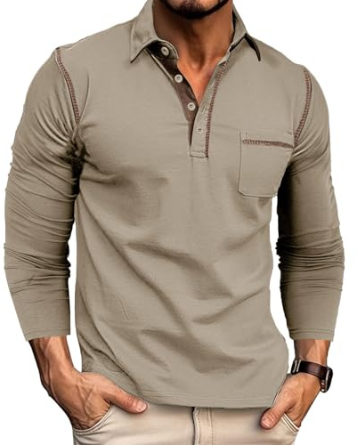 Poloshirt Herren Langarm Polo Shirt Langarmshirt Baumwolle T Shirt Herren Khaki