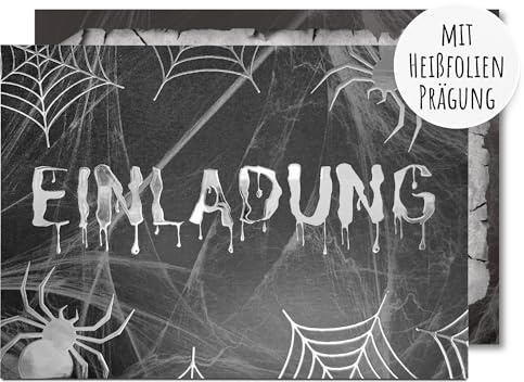 møij 12x Einladungskarten Halloween Party Spinnen | edle Heißfolienprägung, DIN A6, gruseliges Design für Horror-Fans