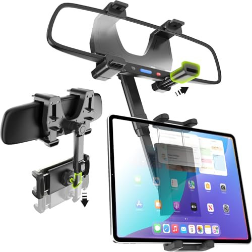 Wukanleng Rückspiegel Tablet Halterung Auto Handyhalter, Stoßfest Handyhalterung Auto Rückspiegel Handfrei mit 360° Drehbarer und Einziehbarer für 4,7–13 iPad Pro/Air/Mini, iPhone, Galaxy Z