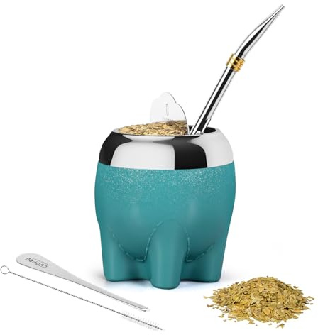 Cuopru Yerba Mate Ensemble de tasses 5 en 1 en acier inoxydable avec gourde en acier inoxydable (étoiles pailletées, style éléphant mignon), paille Bombilla et ensemble façonneur de thé, 153,1 g