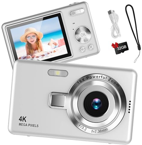 Silver Digital Camera - 1080P FHD Compact 44MP Camera with 2.4 LCD Screen, 16X Digital Zoom, Simple Vlogging, Portable, 32GB SD Card for Kids, Teens, Students, Beginners