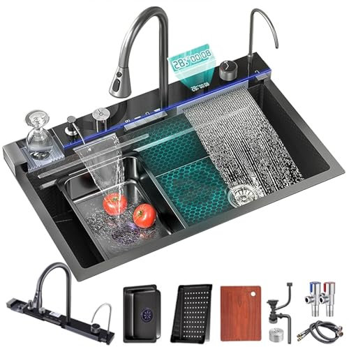 FIVIXIL Évier de cuisine Évier à cascade numérique Whale avec lave-tasses, distributeur de savon, sortie de cascade Flying Rain, commande de table et autres fonctions (Gris canon, 90 * 50 * 22cm)