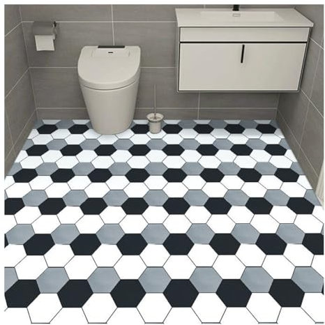 Hexagon Tile Effect Vinyl Flooring Roll 60cm x 1 Meter Peel and Stick Non Slip Floor Covering for Bathroom Kitchen Living Room Black White Grey Hexagonal Pattern