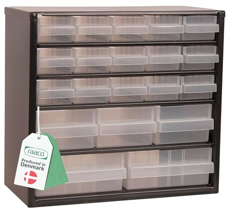 Raaco Cassettiera Porta Minuteria C6-20 Attrezzi in Acciaio per Officina | 20 kg Capacità, 15 x 30,6 x 42 cm, 20 Cassetti Trasparenti, Attrezzi in Acciaio per Officina, Organizer Minuteria Parete