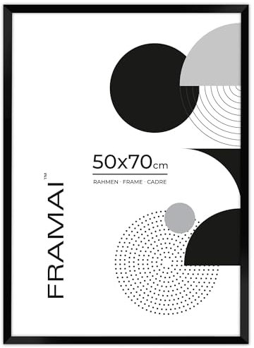 FRAMAI® Bilderrahmen 50x70 cm Schwarz MDF Umweltfreundlichem Rahmen mit Bruchsicheren Plexi, Aufhänger und Aufsteller