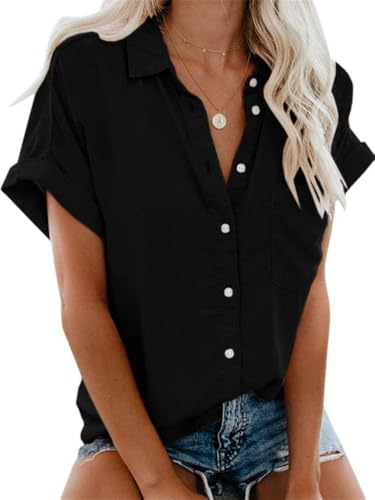 Glacspyg Damblus, elegant casual arbetströja, blus, 100 % bomull, damblusar, sommar, kort skjorta, toppar, blus, svart, L