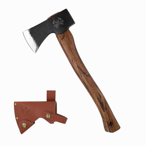 15.7 Hand Forged Axe, Camping Hatchet with 1065 Carbon Steel & Wooden Handle, Bushcraft Hatchet with Leather Sheath and Axe Sharpener, Survival Ax for Outdoor Adventures and Gardening