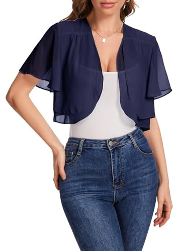Bbonlinedress Bolero Damen festlich Chiffon Strickjacke elegant Kurzarm Casual Bolerojacke Offene Vorderseite Schulterjacke Navy S