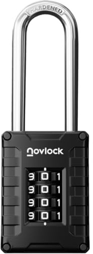 NOVLOCK Kombinationslås extra lång bygel 7 cm – hänglås med 4-siffrig kod, härdat stål – för skåp, grindar, skjul, förråd, garage och staket – 1-pack, svart