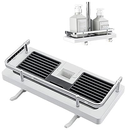 Scaffale da doccia sollevabile, senza fori, adesivo per bagno, facile da installare, senza punzonatura, portaoggetti regolabile per asta doccia, elegante accessorio nero con foro rotondo