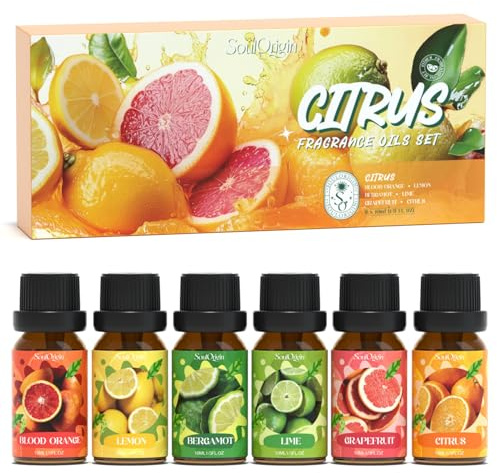SoulOrigin Zitrusfrüchte ätherisches Öl Duftöle Set, Duftöl Set für Öldiffusoren, Duftöle für Seifenkerzen Herstellung 6x10ml - Blut Orange, Zitrone, Bergamotte, Limette, Grapefruit und Zitrus