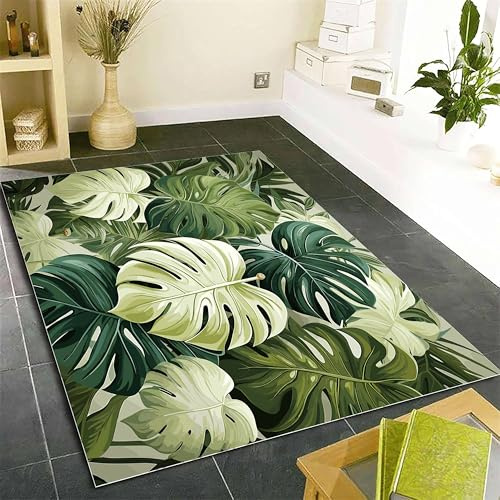 SOJAWA Vintage Area Rug, 100x150cm Tropical Monstera Living Room Rugs, Washable No Shedding Bedroom Study Durable Home Interior Carpet, Anti-Slip Carpets for High Traffic Areas