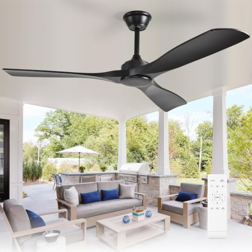 Depuley Ventilador de techo sin luz: Ventilador de exterior de 52 pulgadas con control remoto por para porches y terrazas - Ventilador de techo negro sin luz, reversible, 6 velocidades
