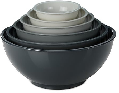 Relaxdays Set di Ciotole da Cucina, 6 Scodelle in Plastica, Insalatiere Impilabili per Cucinare, Pasticceria, Grigio, 100%