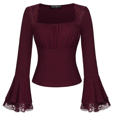 Blusa victoriana de encaje SCARLET DARKNESS de ajuste slim, gótica, estilo Y2K, con cuello cuadrado, busto fruncido, manga larga, rojo oscuro, L
