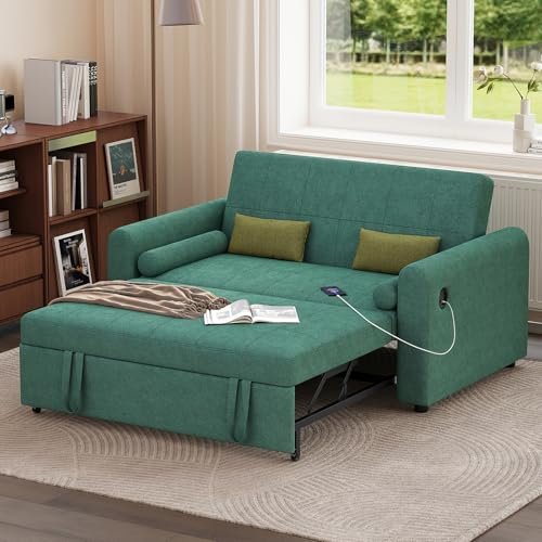 Jooli H 2 Seater Sofa Bed, 3-in-1 Convertible Fabric Pull Out Sleeper Sofa with 3-Position Adjustable Backrest, Side Pockets and USB for Living Room, Guest Room, Green
