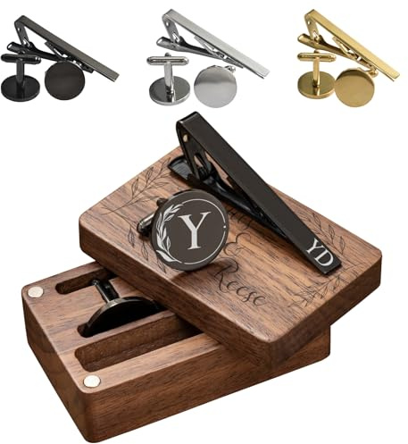 Personalizzati Gemelli e Fermacravatta con Scatola di Legno Incisa con Nome Testo Iniziale Data Gemelli da Matrimonio per Polsini Camicia Regalo per Uomo/Sposo/Papà