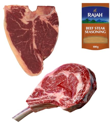 Halal Premium Grilling Bundle | 1kg T-Bone Steak + 1kg Tomahawk Steak with Rajah Seasoning | Premium Halal Beef Pack for BBQ, Grilling & Roasting