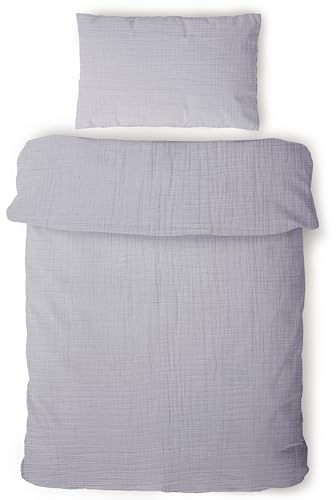 LAYNENBURG Musselin Kinderbettwäsche 100x135cm + 40x60cm – 100% Baumwolle – Oeko-Tex Standard – 3 lagiges Musselin Bettwäsche Set für Baby, Kinder, Jungen & Mädchen (grau)