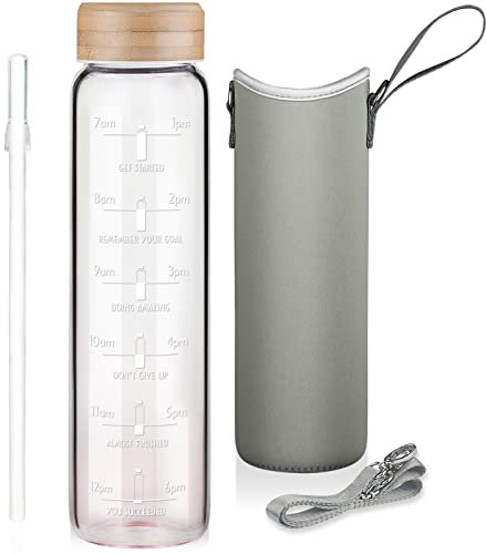 Ferexer Large Motivational Glass Water Bottle with Straw & Time Marker 1 litre / 1l, Wide Mouth Borosilicate Water Bottle with Bamboo Lid and Neoprene Sleeve Pink
