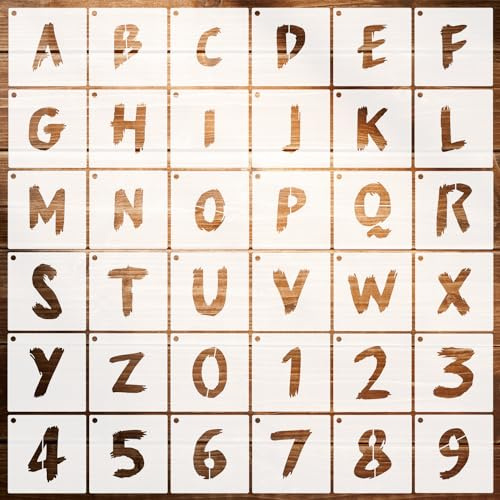 36stk Buchstaben Schablonen Set zum Malen, Buchstaben und Zahlen Schablone mit Metallring Wiederverwendbar Alphabet-Schablonen für Wand Tafel Stoff Holz Schilder Stein Pflanze (10,2cm)