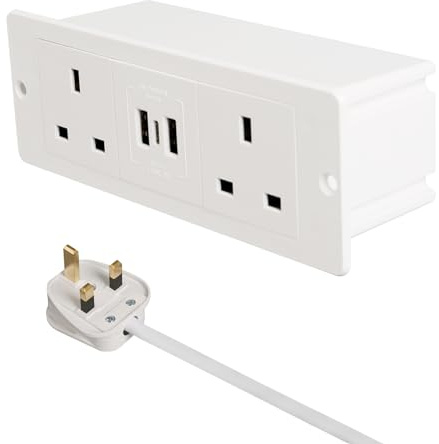 Btstil Desk Recessed Power Strip with USB C, Desk Power Socket with 2AC + USB A + USB C, Multiple Socket Outlets Flush-mounted with 1.8M for Office, Kitchen (2 USB A White)