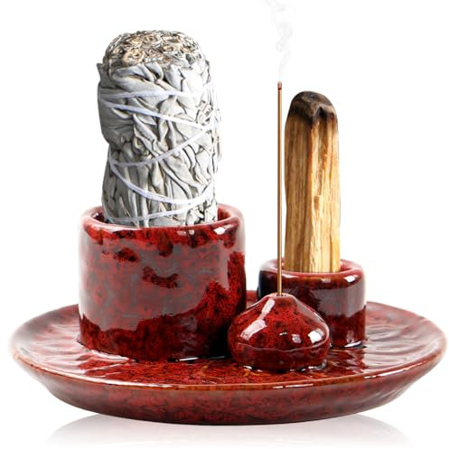 Soporte para incienso de cerámica: PRITOK 4 en 1, cuenco para incienso, soporte para conos de incienso, bandeja para meditación, soporte para palo santo para cada incienso, varillas de incienso (rojo)