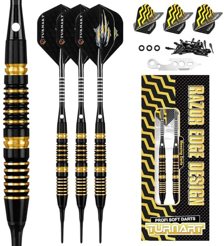 Turnart Dartpfeile mit Kunststoffspitze,18g Brass Softdarts,dartpfeile Profi für Elektronische Dartscheibe,Dart Set mit 30pcs Dartpfeil Spitzen 6 Flights 6 Flügen 1 Werkzeug und 3 O-Ringe