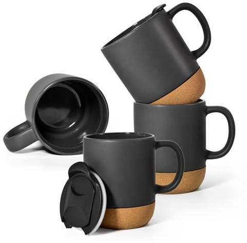 sweet grain Ceramic Mug with Cork Base 4 Packs - Coffee Mug with Cool-Touch Handle & Anti-Slip Bottom, 400ml Handmade Tea Cup for Hot & Cold Drinks, Gift for Home & Office, Black