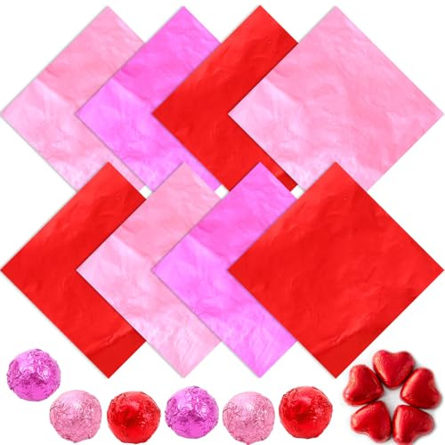 Gersoniel 400 Sheets Valentine's Day Foil Chocolate Candy Wrappers Aluminum Tin Foil Wrapping Paper for Packaging Wrappers DIY Baking Homemade Wedding Party Favors(6 x 6 Inch,Solid,Red,Pink,Hot Pink)