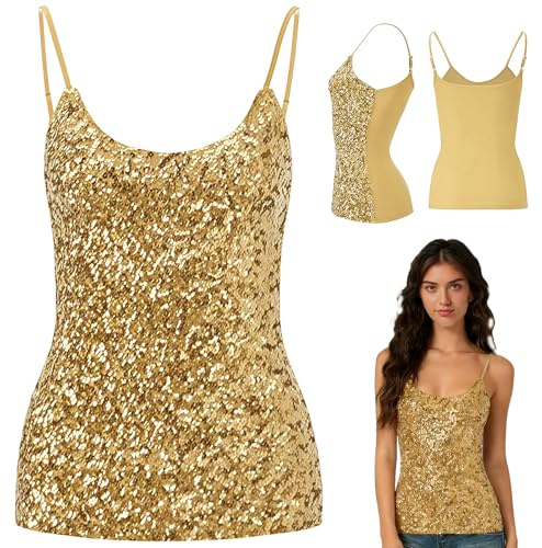 MUNSKT Women's Sequin Party Tops, Adjustable Straps Daily Halter Tank Tops Sleeveless Glitter Camisole Vest Blouse Tshirts for Night Club Party Performance Costume Tops (Gold)
