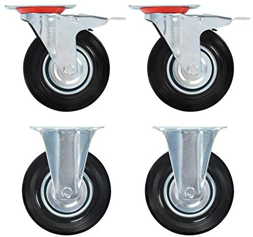 Mangloder rullar set 4 stycken 125 mm gummi järn svart för transportutrustning, möbler, lagerlogistik, verkstad, industri, lastvaror omlastning och lastning lämplig
