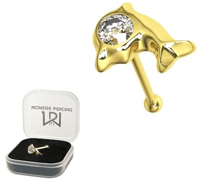 Monster Piercing | 9K Gold Echtgold | Nasenpiercing Nasenstecker Stud | Delfin | Kristallstein | Stabstärke: 22G (0,6 mm) | Stablänge: 6mm | Hypoallergen