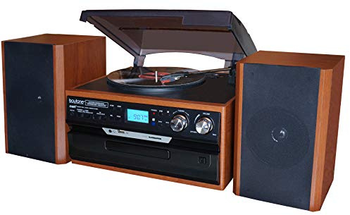 Boytone BT-24MB Bluetooth Classic Style Record Player Turntable with AM/FM Radio, CD/Cassette Player, 2 Separate Stereo Speakers, Record from Vinyl, Radio, and Cassette to MP3, SD Slot, USB, AUX.