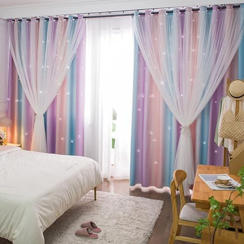Yancorp Verdunkelungsvorhänge für Mädchenzimmer, Sternausschnitt, 2 Schichten, Raumverdunkelungsvorhänge, Kindervorhänge, Kinderzimmer, Fensterpaneele, Wohnzimmerteiler (Rosa, Lila, Grün, B 52 x L 63