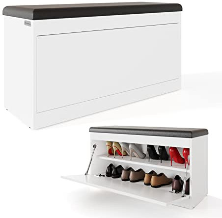 PLATAN ROOM Schuhschrank mit Sitzfläche 100 x 53 x 35 cm Schuhbank aufklappbar Sitzkommode Weiß Eiche Gold (Weiß)