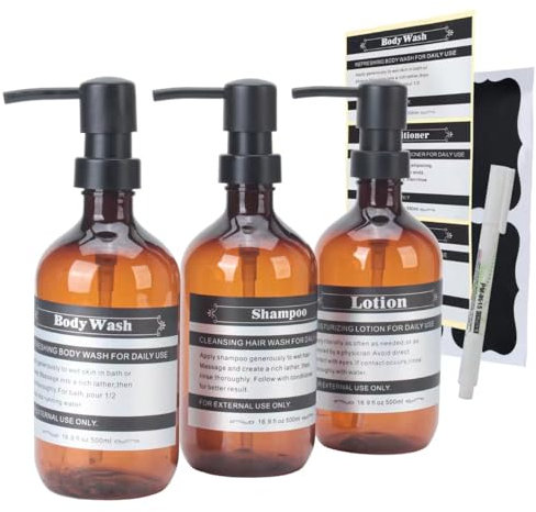 SOOKDEO Dispenser Bottiglia Bagno Cucina Ricaricabile per Shampoo Balsamo Mani Sapone Lozione Doccia Olio con Pompa ed Etichette Impermeabili, 500 ml, Confezione da 3 (ambra, senza supporti a parete)