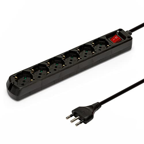 Velamp Multipresa - 6 Prese Polivalenti (Schuko + 10/16A) - Spina Grande 16A - Interruttore Luminoso – Colore Nero