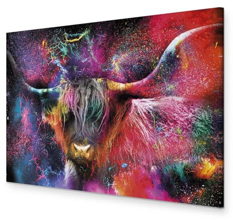murando - Leinwandbild Highland Kuh bunt, Schlafzimmer, Wohnzimmer, modern | Hochwertige Leinwand, sofort aufhängbar, ideal fürs Wohn- oder Schlafzimmer, wasserfest und lichtecht, langlebig, stilvoll