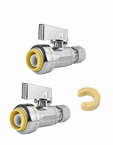 2 Pieces EFIELD Push Fit 1/4 Turn Straight Stop Valve Water Shut Off 1/2 Push x 3/8 Inch Compression With Disconnect Clip, Chrome Plated,(PF-UNI001)