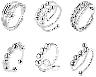 Achtsamkeitsring für Angst Frauen Einstellbare Spinner Anxiety Ring,6Pcs Fingernägel Kauen Ringe Set Mit Bead Damen Silver fidget Ring Anti Stress Ring Angst Selbstscheidungsring für Frauen Männer