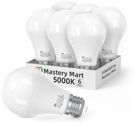 MASTERY MART 6 Pack A19 LED Light Bulbs 60 Watt Equivalent, 9W Non-Dimmable, Flicker-Free, 800 LM, Bright Daylight White 5000K, E26 Base, 10000 Hrs, 80+ CRI, Energy Saving, for Living Room, Office