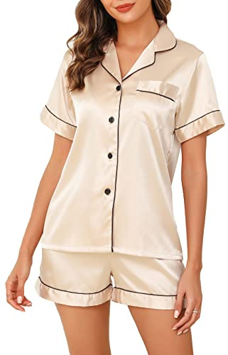Lovasy Silk Pyjamas for Women Satin Pyjama Set Button Down Ladies Pajamas Classic Short Pjs Sets,Champagne,M