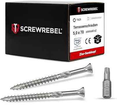 SCREW REBEL Terrassenschraube ST-FIX Edelstahl A2 5,0 x 70mm - 500 Stück inklusive S2-Bit, TX 25, Zier-Senkkopf, Schaftfräser, Sägezahn Gewindeschliff, Cutspitze, Dielenschraube gewachst