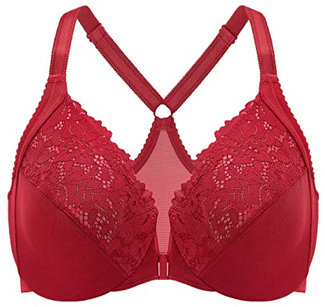 DELIMIRA Kvinnors Främre Stängning Plus Size Full Täckning Spets Bygel Racerback Bh Mörkröd 85C