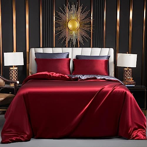 Housse de Couette Satin 200x200 Vin Rouge Gris Unie Parure de lit Satinée 2 Personne Soie Lisse Soyeux Brillant Ensemble Literie Housse Couette avec Fermeture éclair et 2x 65x65cm Taies d'oreiller
