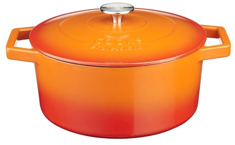 Cooks Professional 26cm Cast Iron Casserole Dish 5.8L with Lid & Handles | Colourful Modern Design Enamelled Cooking Pan Pot | Suitable For All Hobs Inc Induction | Oven & Grill Safe | Orange