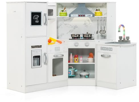 HONEY JOY Corner Kids Kitchen Playset, Modular Wooden Play Kitchen for Toddlers, Range Hood, Separated Washing Basin, Little Chef Pretend Toy Kitchen Set w/Lights and Sounds(White)