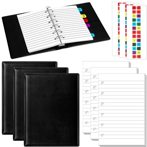 Engrowtic 3er-Set Mini-Ringbücher mit 6 Ringen, 7,6 x 12,7 cm, 300 Papier-Nachfüllpackungen, 78 Alphabet-Trennblätter, kleine Index-Tabs, 3 schwarze PU-Lederbinder, professioneller Ringplaner,